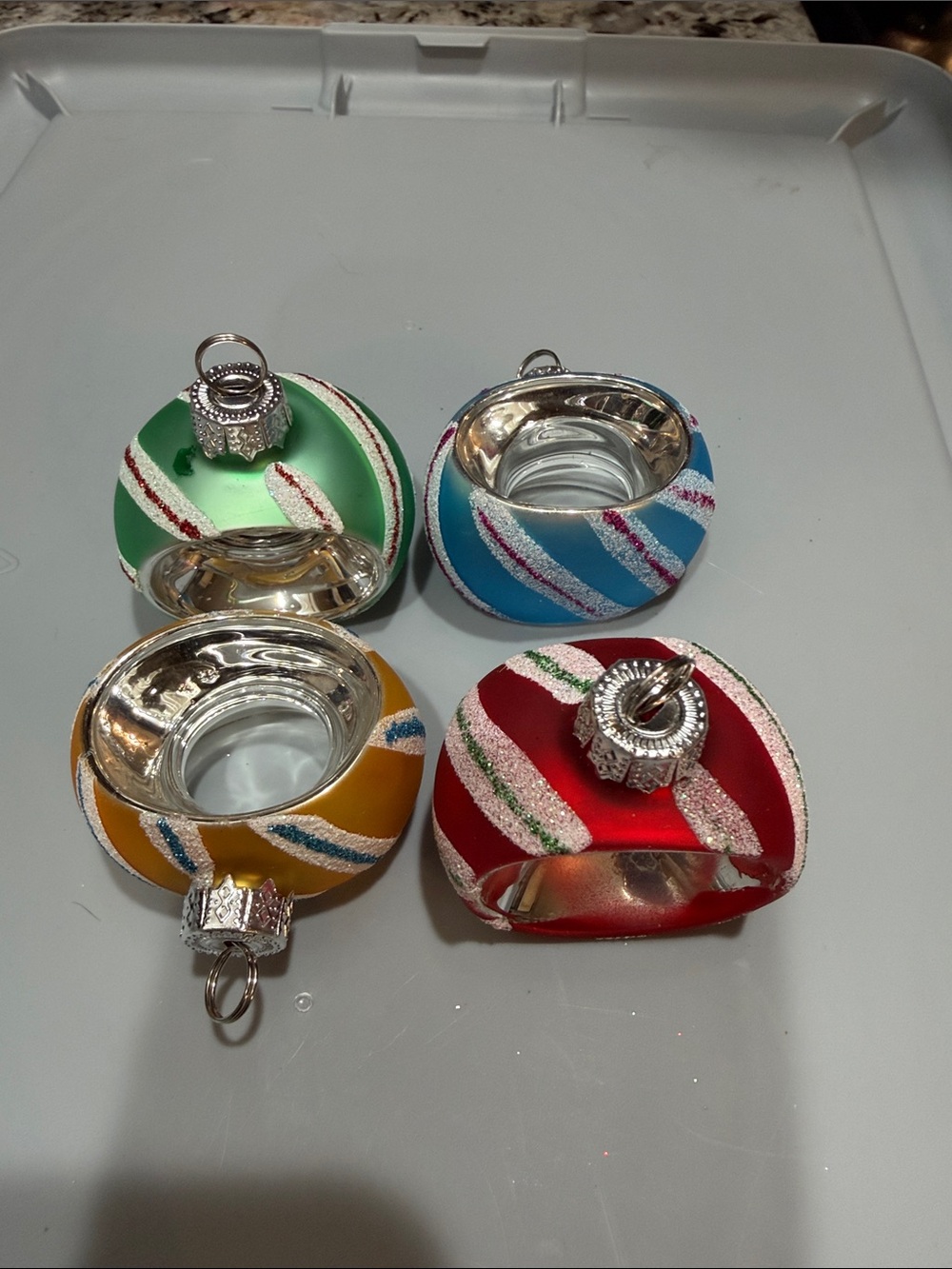 Source Unknown Red, Green, Blue, Yellow Glitter-Striped Ornament Candle Holders
